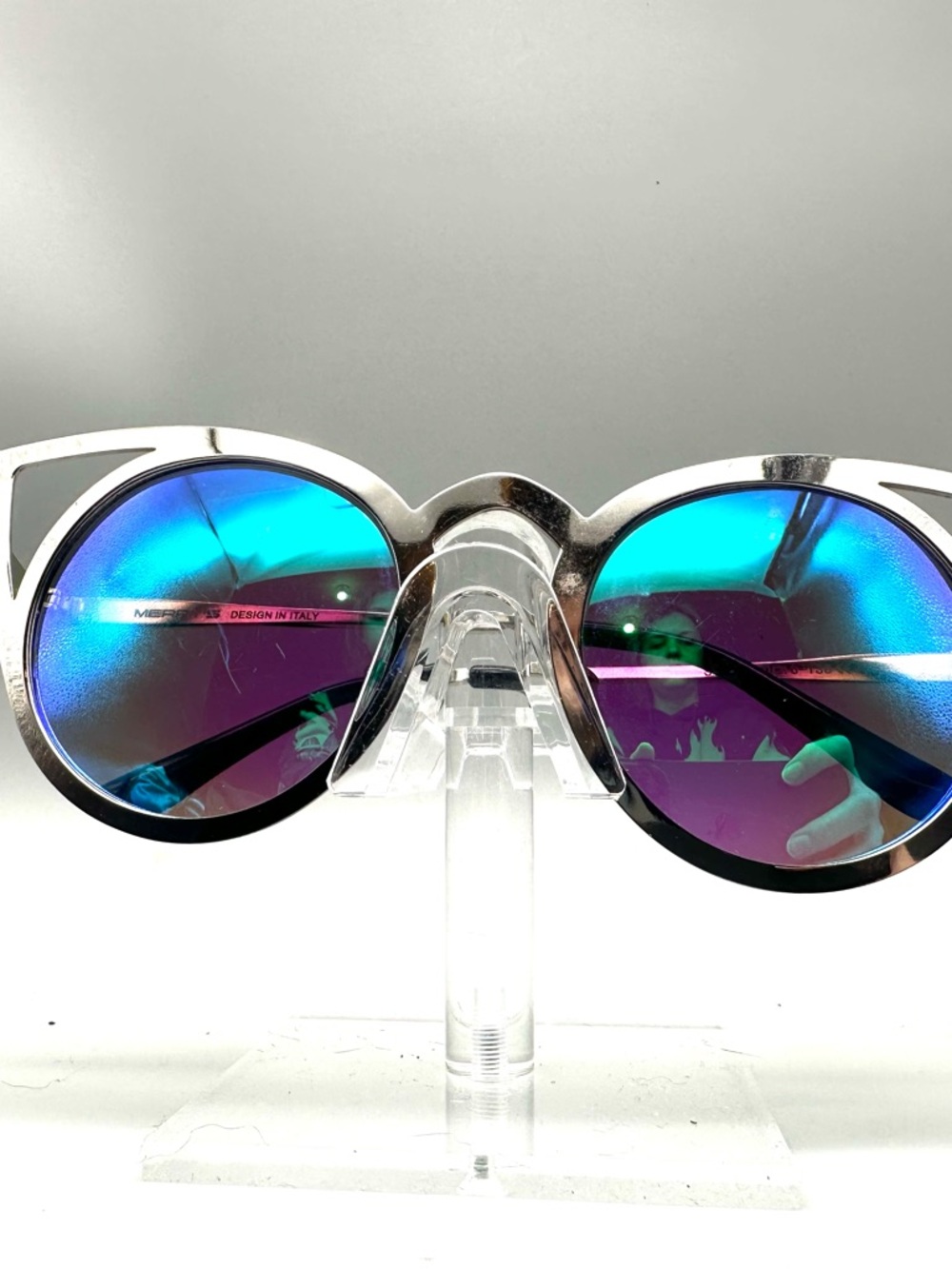 Merrys S8064 Cat Eye Sunglasses Silver Metal Frames Mirrored Blue Purple Lens